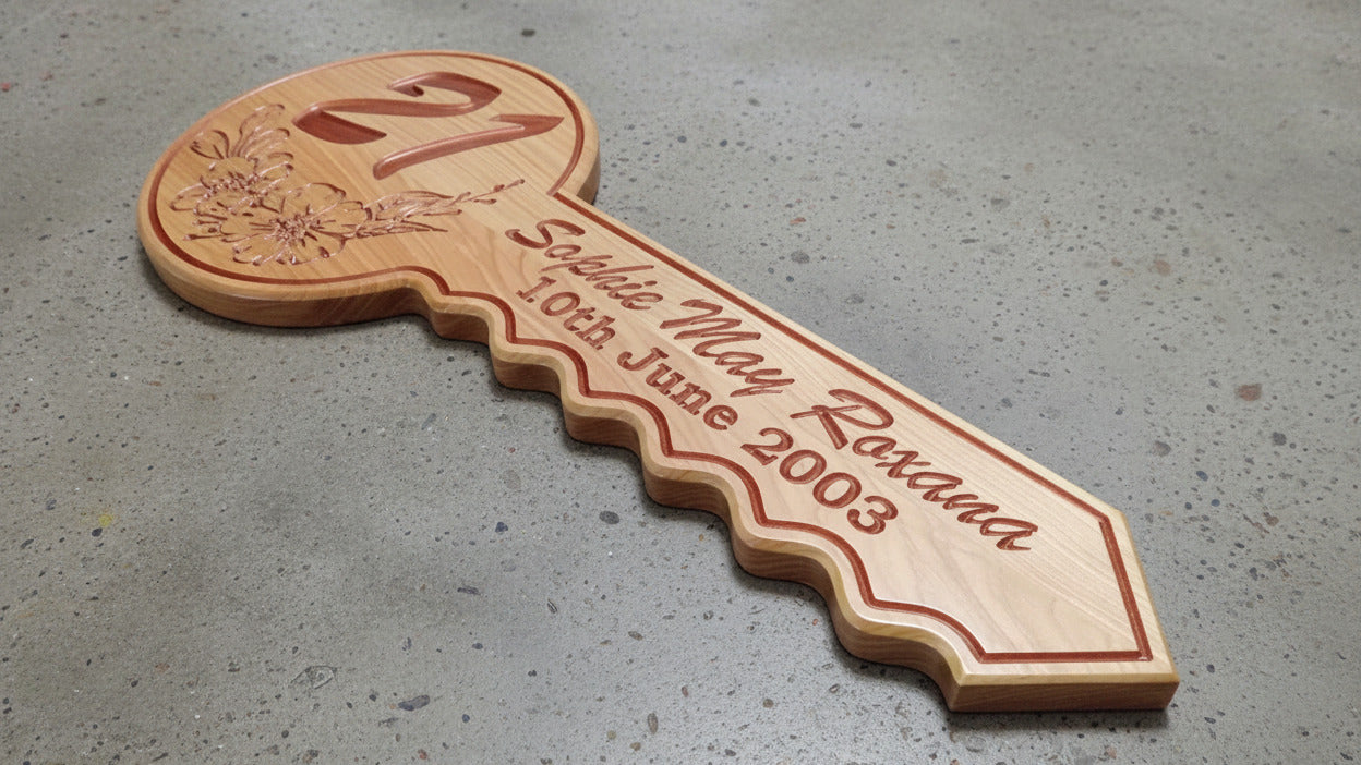 Premium 21st Birthday Key – Solid Macrocarpa Wood Plaque