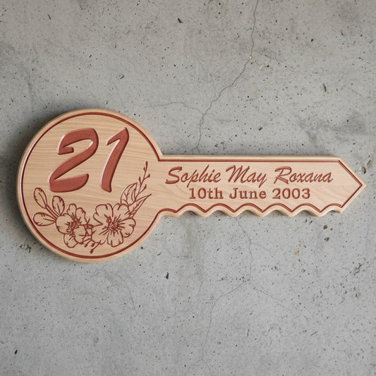 Premium 21st Birthday Key – Solid Macrocarpa Wood Plaque